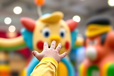 Child interacting with a colorful statue at an indoor theme park